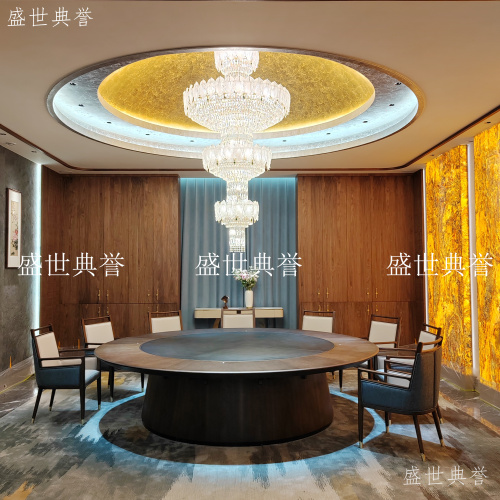 盐城国际酒店实木家具酒楼新款升降机芯电动桌会所平转盘电动圆桌