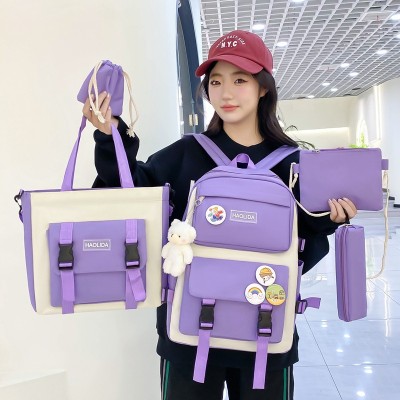 Five-Piece Schoolbag Student Korean Style Backpack Simple Cute Large-Capacity Backpack Wholesale 932