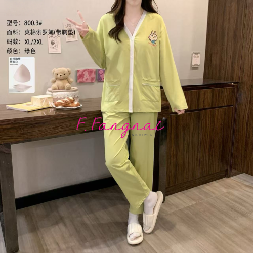 爽棉索罗娜带胸垫睡衣初秋双长甜美睡衣跨境电商热销女士睡衣