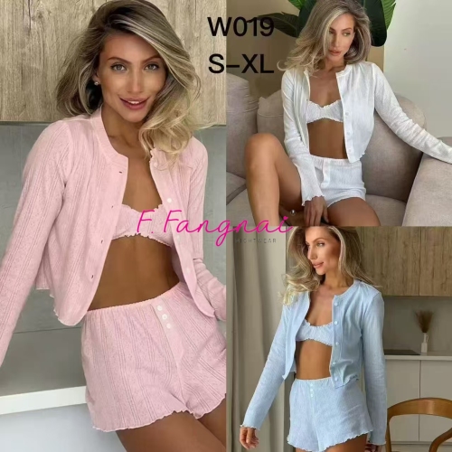 欧美热销长袖开衫外套三件套家居服套装