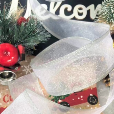 Item No.: 1022 Christmas Gift Packaging Decoration DIY Silver Snow Yarn Onion Powder Christmas Wire Ribbon 3.8cm
