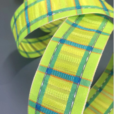 Item No.: 1167 Christmas Gift Packaging Decoration DIY Fluorescent Green Plaid Christmas Wire Ribbon 3.8cm