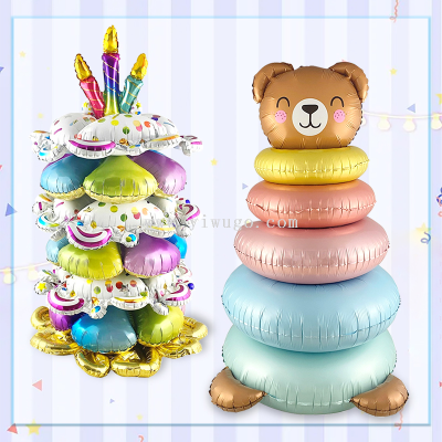 New Assembled Candle Seven-Layer Cake Assembly Circle Bear Aluminum Balloon Birthday Party Decoration Layout Cartoon