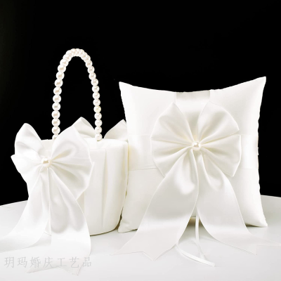Wedding Decoration Pearl Handle Flower Girl Basket Bow Pearl Bridal Ring Pillow + Wedding Flower Baskets Two-Piece Set