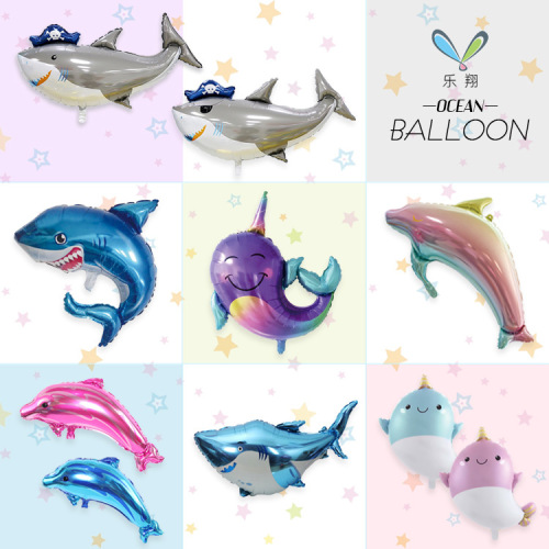 新款 海洋系列铝膜气球 微笑彩色独角鲸海盗鲨鱼海豚动物主题海底