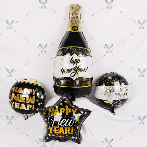 现货18寸铝膜气球新年快乐圆球五角星HAPPY NEW YEAR气球装饰布景
