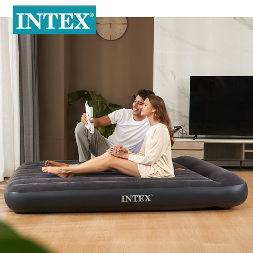 intex64144 black and white built-in pillow single layer extra large line pull air bed flocking camping inflatable mattress