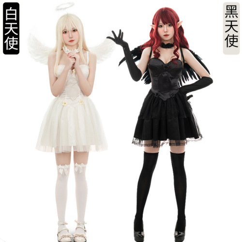 万圣节黑白天使角色装扮Cosplay黑恶魔派对化妆舞会演出服