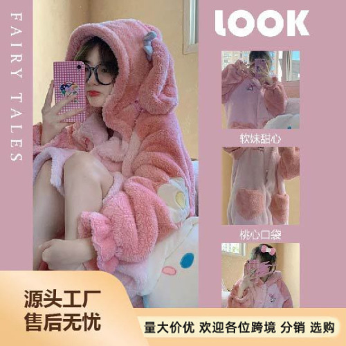 可爱美乐蒂睡袍珊瑚绒睡衣女加绒加厚学生大码冬季网红珊瑚绒睡裙