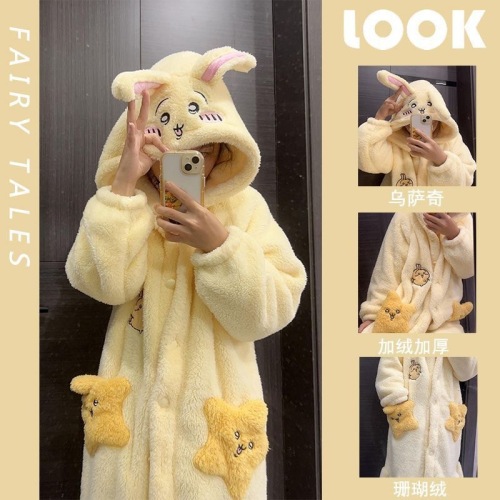 乌萨奇睡衣女秋冬季加厚珊瑚绒睡袍卡通可爱少女法兰绒家居服套装