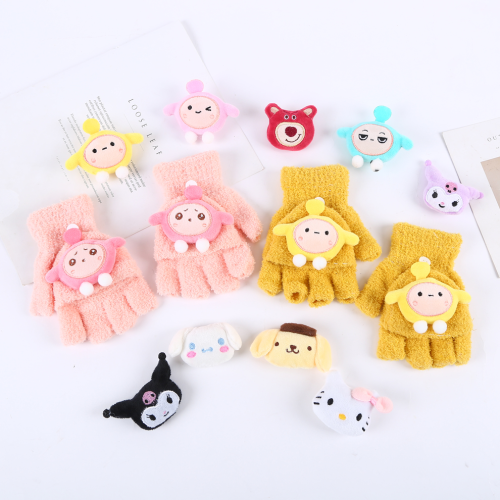 Winter Clamable Coral Fleece Student Class Writing Gloves Female Cute Cartoon Doll Half Finger Open Finger Gloves