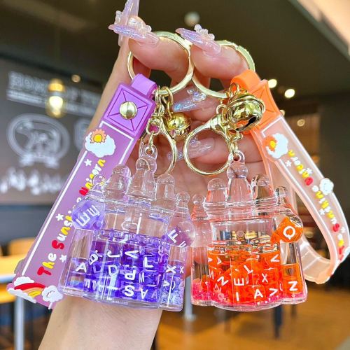 Internet Celebrity Oil Luminous Castle Keychain Letter Liquid Quicksand Bottle Pendant Small Fresh Backpack Ornaments Small Gift