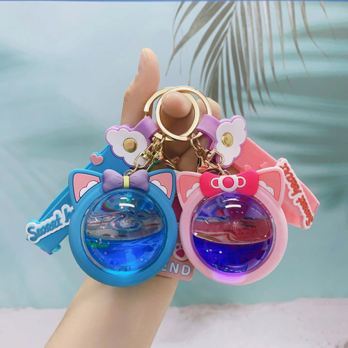 cartoon oil floating kitten keychain liquid quicksand bow cat key chain car bag ornaments