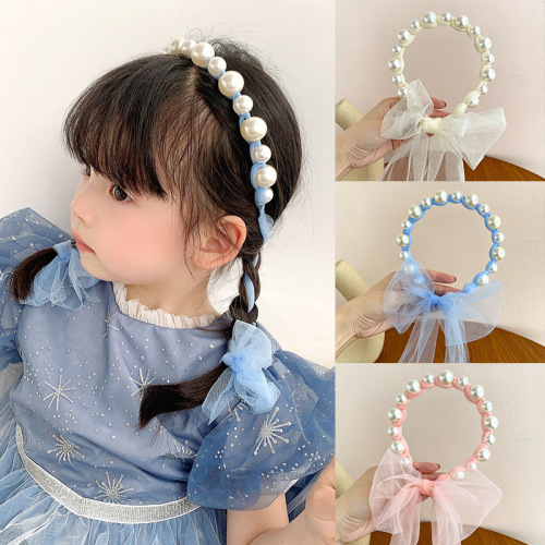 Children‘s Pearl Streamer Headband Korean Head Princess Mesh Ponytail Headband Girls Bow Tie Hair Cute Headwear