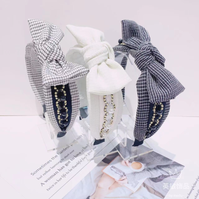 New Houndstooth Rope Bowknot Wide Headband with Beads