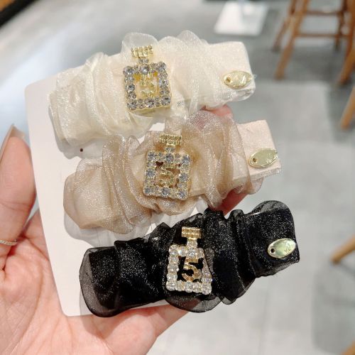 South Korea Dongdaemun New Organza Pleated BB Clip Temperament Girl Pearl Rhinestone Bottle Side Clip Broken Hairpin