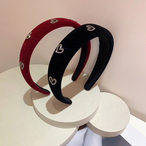 autumn winter retro temperament burgundy black velvet high-grade hollow heart diamond pressure hair accessories internet celebrity sponge headband