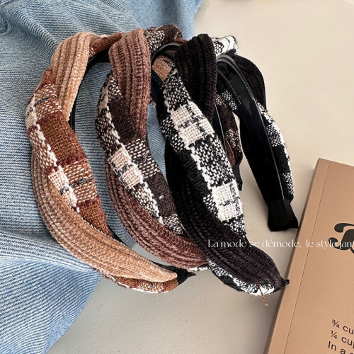 plaid solid color maillard twist headband female high skull top versatile headband advanced pressure sensing hair accessories hairpin hair ornaments