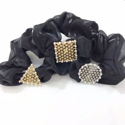 exquisite classic style hot geometric pearl spot drill black ponytail buckle cloth fabric circle