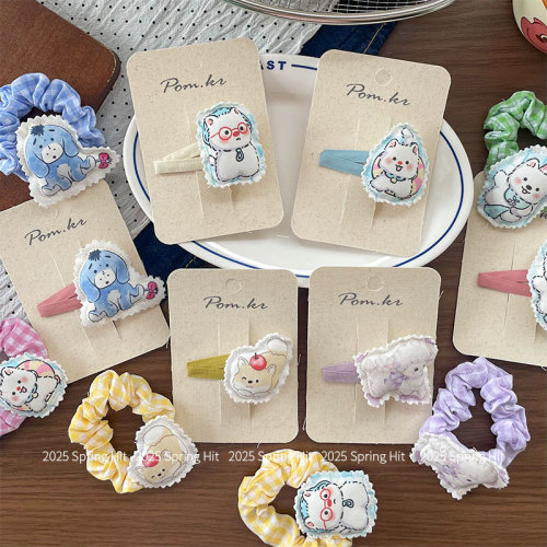 新款韩版甜美卡通印花发夹儿童小熊侧边碎发刘海夹少女高弹力肠圈