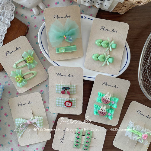 新款韩版小清新绿色系发夹儿童布艺全包侧边碎发刘海夹少女蕾丝夹