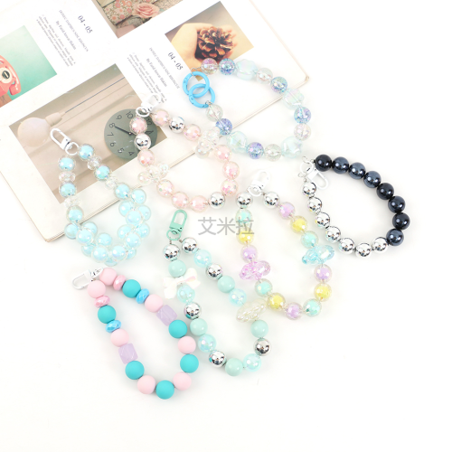 Mobile Phone Shell DIY Handmade Ornament Accessories Acrylic Candy Color round Bead Portable Chain Short Lanyard Anti-Lost Chain