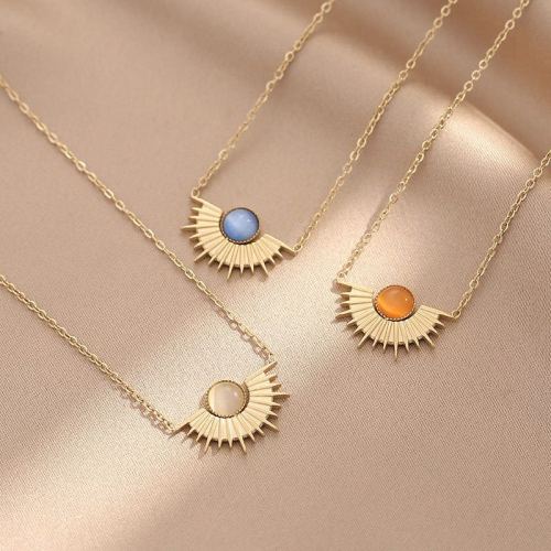 european and american ins style natural oval titanium steel sunflower necklace stainless steel inlaid blue turquoise pendant clavicle chain jewelry 1