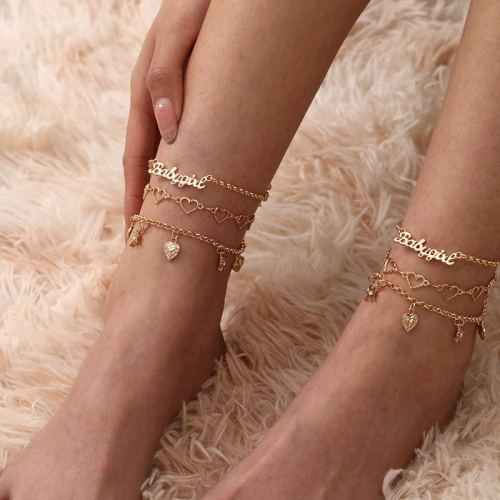 3 sets of english letters peach heart anklet set summer seaside travel vacation music stage performance accessories