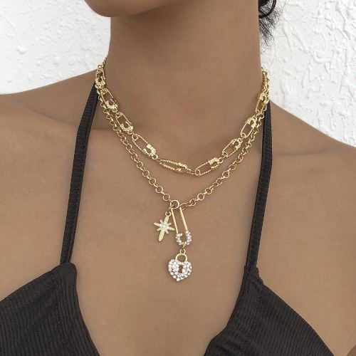 n6686 europe and america cross border ornament clip heart-shaped full of diamond temperament necklace female creative double-layer fashion racket necklace 1