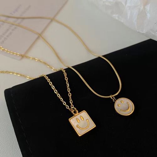 new creative titanium steel golden fresh smile ornament white shell necklace female round smiley clavicle chain 11