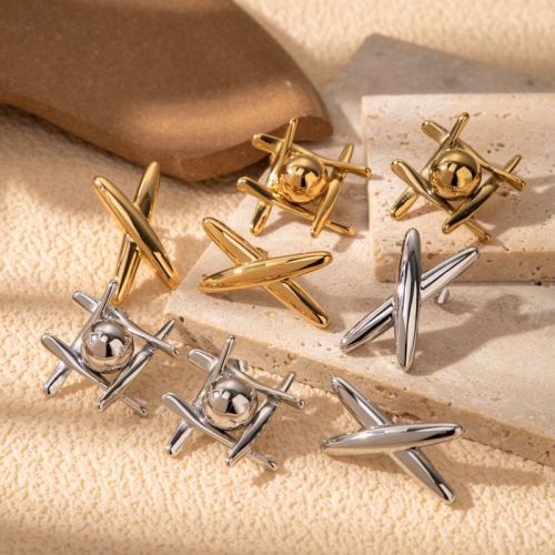 titanium steel light luxury temperament simple european and american style stainless steel unique cross geometric ball all-match fashion earrings
