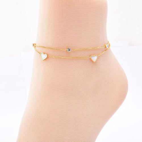fashion trend new foot ornaments white shell love diamond double-circle anklet titanium steel furnace plated non-fading steel color ankle ring