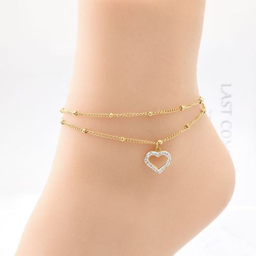 online influencer fashion ornament titanium steel double layer beads string chain sweet loving heart zircon anklet beach style ankle ring female spot