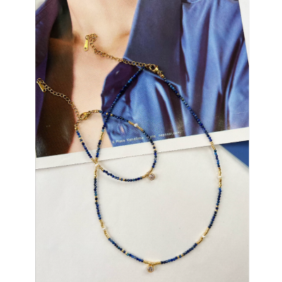 a Set of Blue Natural Crystal Bracelet Necklace Special-Interest Design Very Fine Girl Retro Clavicle Chain Neck Chain New Bracelet