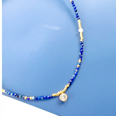 Blue Natural Lapis Lazuli Japanese Copper Bead White Freshwater Pearl Natural Zircon Pendant Necklace Extremely Fine Women Necklace