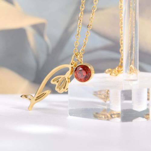 Custom十二月生日花名字项链个性化 不锈钢十二月生日生辰石项链