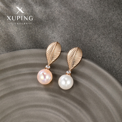 xuping alloy electroplated 18k golden micro inlaid zircon leaves artificial pearl earrings special-interest design high-grade earrings