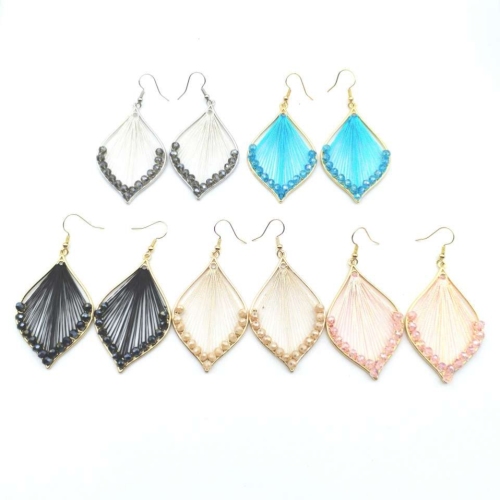 spring and summer new original fashion handmade woven crystal geometric shape earrings bohemian style alloy hanging