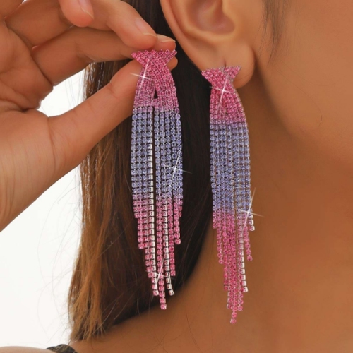 european and american luxurious and personalized super fsh ab rhinestone long fringe earrings women‘s fashion stud earrings bride ornament