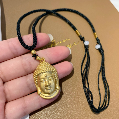 Boutique Large Buddha Head Pendant Gold Shop Same Style Clavicle Chain Vietnam Placer Gold Buddha Black Rope Necklace Female Adjustable