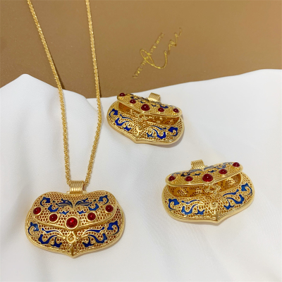 Open Enamel Lock Bag Pendant Ancient Style Alluvial Gold Hollow Chinese Style Jewelry No Color Fading Faux Gold Necklace Female