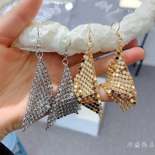 新款跨境电商欧美菱形方片时尚金属亮片流苏耳环耳坠女士首饰饰品