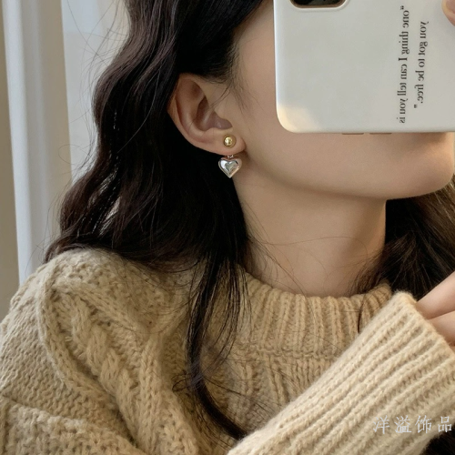跨境电商法式高级立体感爱心撞色耳钉时尚简约气质耳环冷淡风