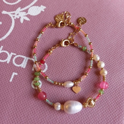 New Stainless Steel Natural Stone Shell Pearls Heart Bracelet