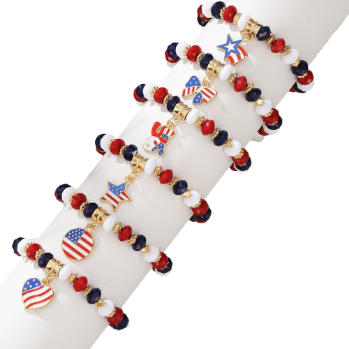 美国独立日手链美国国旗滴油吊坠串珠手饰爱心五角星弹力水晶手串