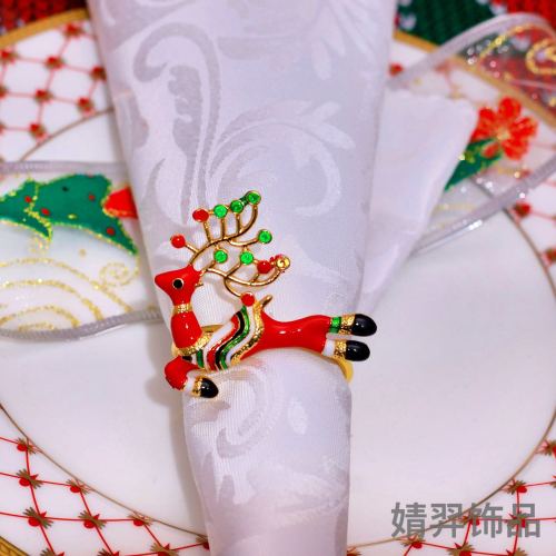 欧美热销红色圣诞节小鹿餐巾环酒店氛围感摆台麋鹿金属餐巾圈批发
