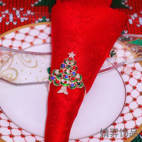 亚马逊新款满钻圣诞树餐巾环金属水钻餐巾圈圣诞节氛围口布圈厂家