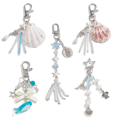 欧美跨境海洋风贝壳海豚流苏吊坠饰品 度假串珠星形海龟钥匙扣女
