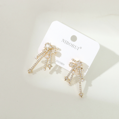 轻奢闪闪锆石微镶烟花珍珠耳环 小众高级感五角星耳钉s925银针