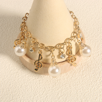 Gold link Chain Bracelet O Shape Chain with Pendant Pearl and Music Note Women Charm Bracelet